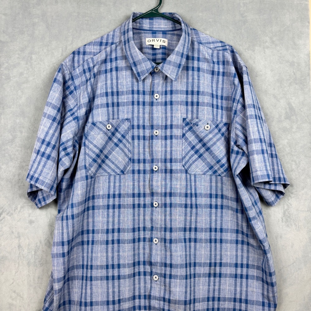 Orvis Classic Collection Blue Plaid Short Sleeve Button Down Shirt Mens XXL